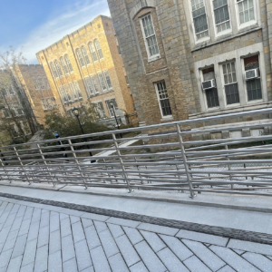 Cast aluminum decorative trench grates in Rain pattern from Iron Age Designs in college courtyard.